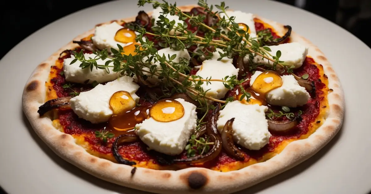 Pizza au chèvre et miel garnie de fromage de chèvre crémeux, de miel doré, d'oignons caramélisés et de thym frais.