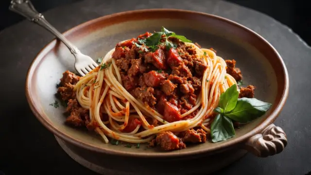 Assiette de spaghetti bolognese avec viande hachée et sauce tomate maison