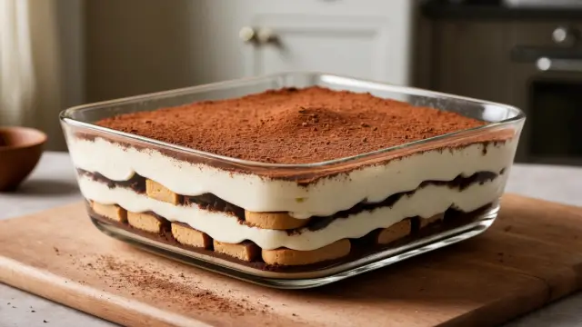 Tiramisu sans œuf en couches dans un plat en verre, avec une finition de cacao en poudre