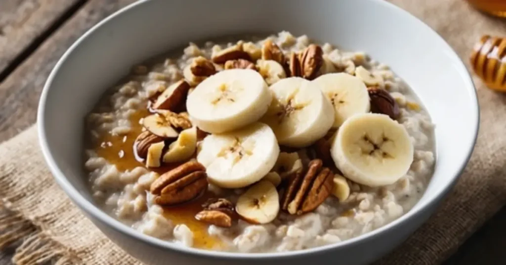 Recettes de Flocons d'Avoine pour le Petit Déjeuner : un bol de flocons d'avoine avec lait de coco, protéine en poudre, bananes tranchées et amandes sur une table colorée, parfait pour un petit déjeuner nutritif et énergisant.