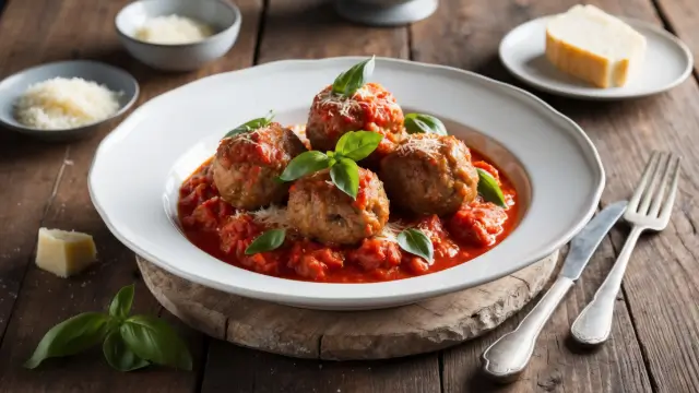 Boulette de viande recette italienne dans une sauce marinara vibrante, garnie de basilic frais et de Parmesan.