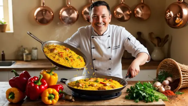 Chef préparant une paella au poulet dans une cuisine ensoleillée, illustrant la recette paella poulet.