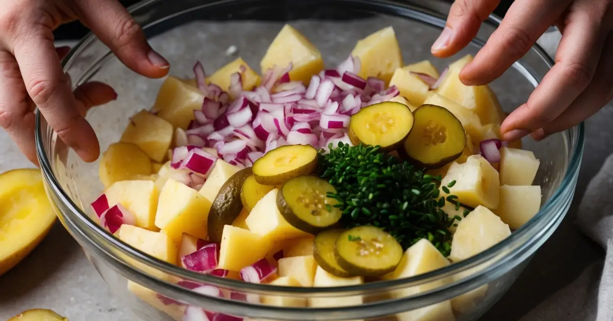 Une assiette magnifiquement présentée de salade de pomme de terre, mettant en avant la délicieuse recette de salade de pomme de terre, garnie d'herbes fraîches et accompagnée d'une vinaigrette. L'éclairage doux accentue les couleurs vibrantes de la salade.