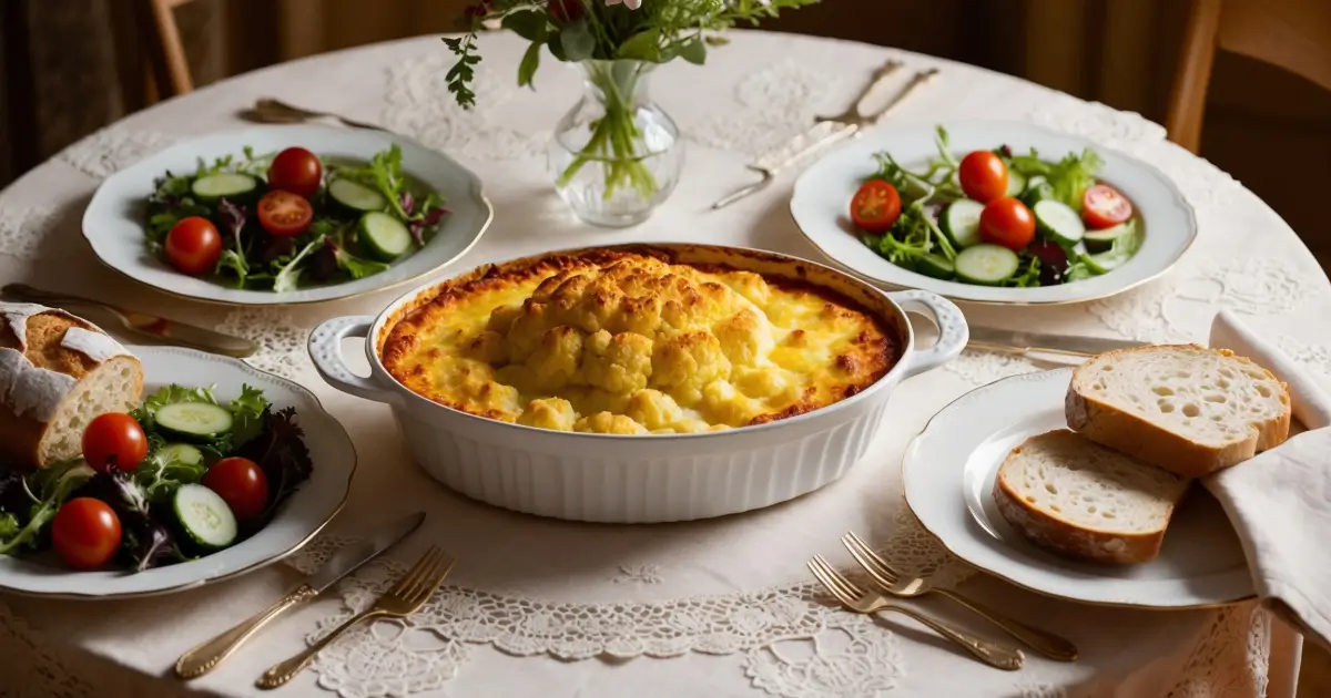 Table élégamment dressée avec un gratin de chou-fleur, une salade fraîche et du pain croustillant.