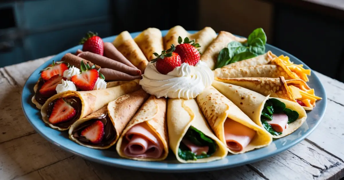 Assiette de crêpes garnies illustrant la recette de 30 crêpes avec des options sucrées et salées.