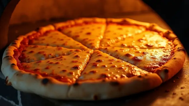 Pizza cuite à la perfection, retirée du four à bois avec une croûte dorée et fromage fondu.