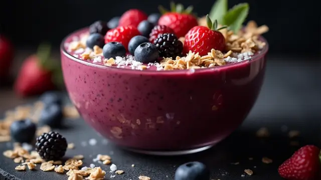 Smoothie bowl aux fruits rouges garni de fruits frais et de granola.