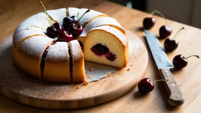 Gâteau basque traditionnel, doré et tranché, avec une garniture de cerises.