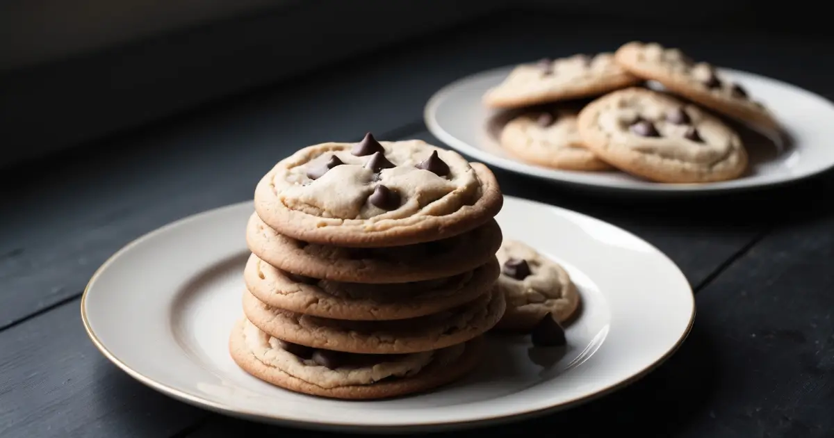 Assiette de cookies parfaitement présentés, mettant en valeur la recette de cookies faciles et rapides, avec une lumière douce et naturelle accentuant les détails de chaque cookie sur une table en bois foncé.