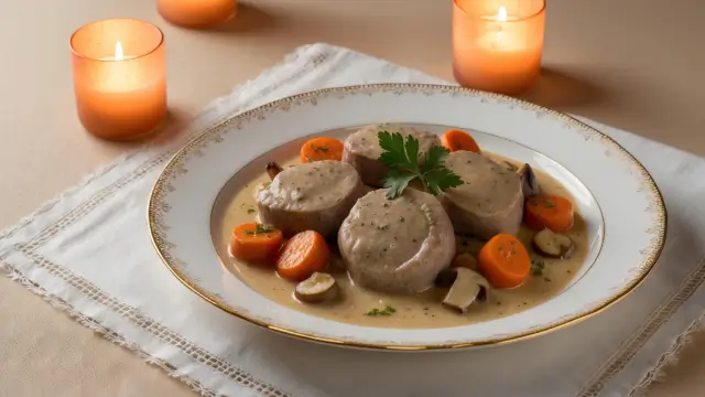 Blanquette de veau cookeo servie dans une assiette, avec des morceaux de veau tendres, des carottes et des champignons dans une sauce crémeuse, garnie de persil.