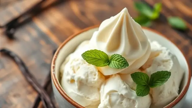 Bol de glace vanille maison crémeuse avec des gousses de vanille et des feuilles de menthe, parfait pour une recette glace vanille.