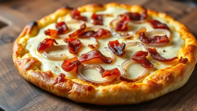 Tarte flambée traditionnelle alsacienne avec pâte dorée, crème fraîche, lardons et oignons, sur une table rustique.