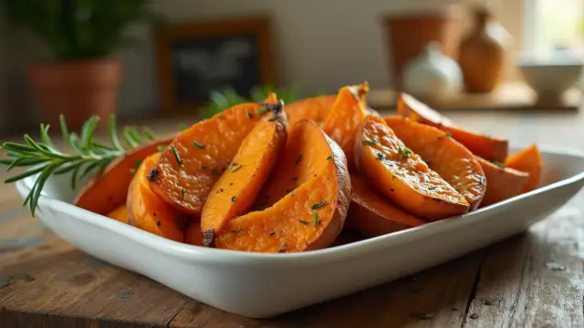 Tranches de patates douces grillées avec des marques de grill, servies sur un plat rustique et garnies de persil frais.