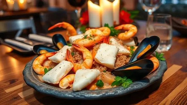 Choucroute de la mer servie avec des fruits de mer frais, poisson blanc, crevettes et moules, dans une ambiance festive.