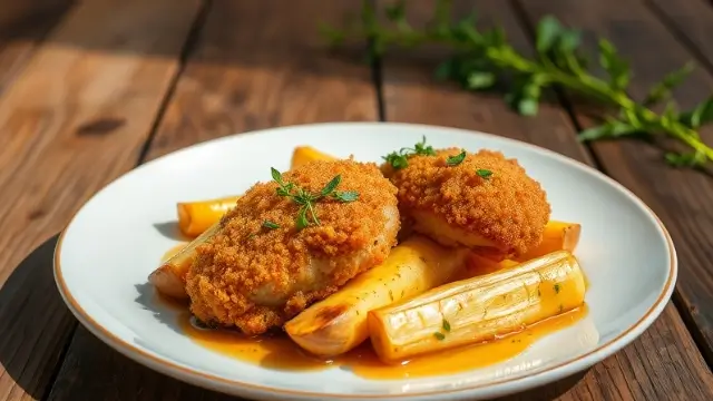Plat de poulet pané croustillant avec des panais rôtis, bien garnis d'herbes fraîches, prêt à être dégusté.