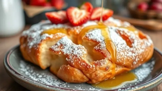 Brioche perdue dorée, accompagnée de fruits frais et saupoudrée de sucre glace, un délice parfait pour le petit-déjeuner.