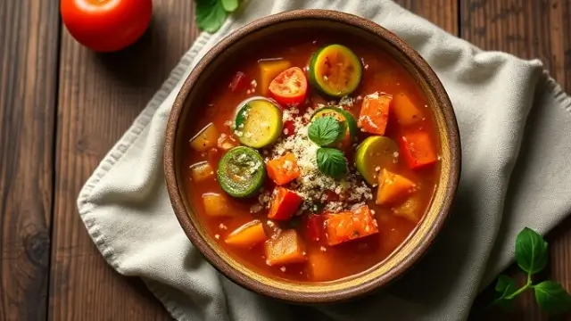 Minestrone soupe avec légumes de saison dans un bol rustique, garnie de basilic et parmesan.