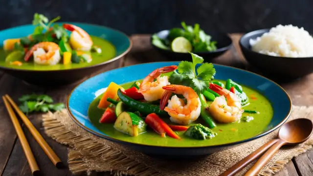 Plat coloré de curry vert thaï aux crevettes, lait de coco et légumes.