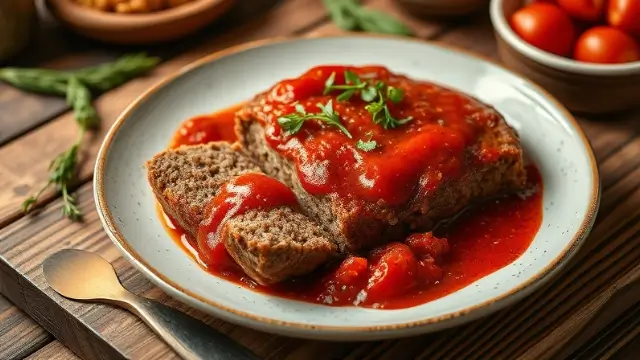 Recette pain de viande sauce tomate servie dans une assiette avec des herbes fraîches.