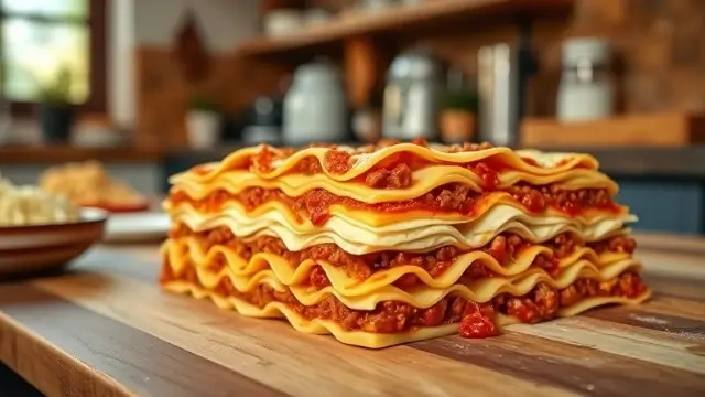 Lasagne traditionnelle en préparation, montrant les couches de pâtes, de sauce bolognaise, de béchamel et de fromage.