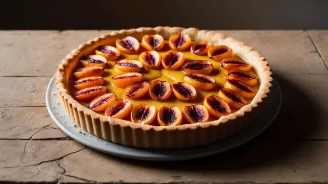 Tarte aux mirabelles dorée et appétissante sur une table en bois.