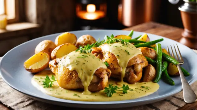 Plat de poulet à la moutarde servi avec pommes de terre rôties et légumes.