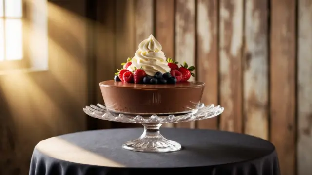 Dessert de mousse au chocolat onctueuse servie dans un verre élégant, garnie de crème fouettée et de baies fraîches.