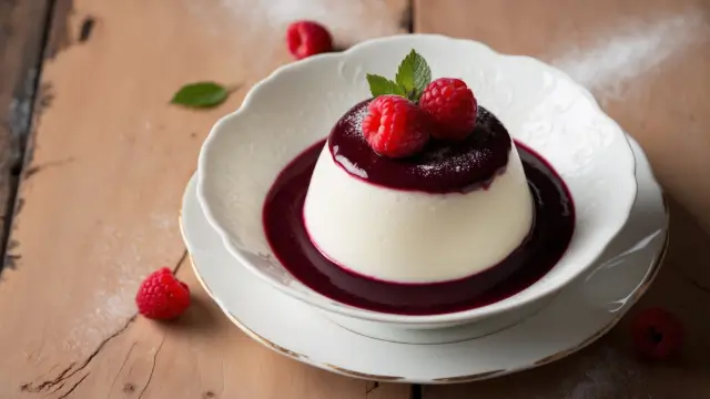 Panna cotta agar agar garnie de coulis de fruits rouges et de framboises fraîches, servie dans un verre élégant.