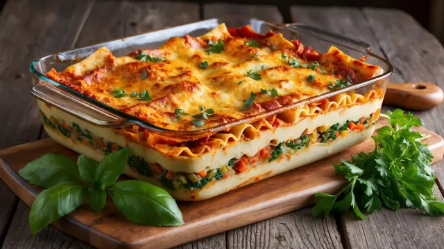 Délicieuse lasagne végétarienne italienne avec des couches de pâtes et des légumes colorés.
