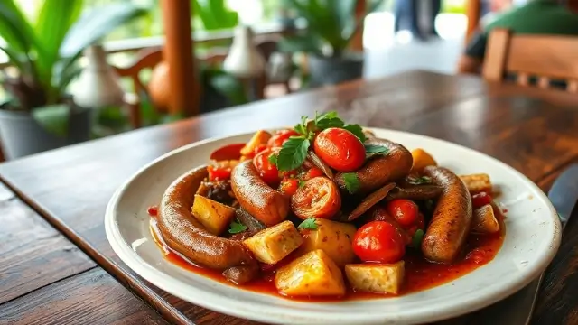 Rougail saucisse servi dans une assiette avec des tomates, des saucisses et des épices sur une table en bois.