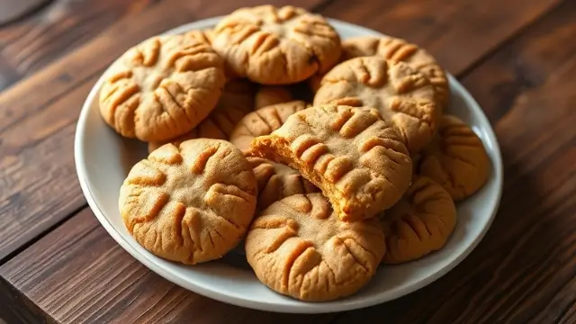 Un gros plan de cookies au beurre de cacahuète avec une texture dorée et légèrement croustillante, placés sur une table en bois.
