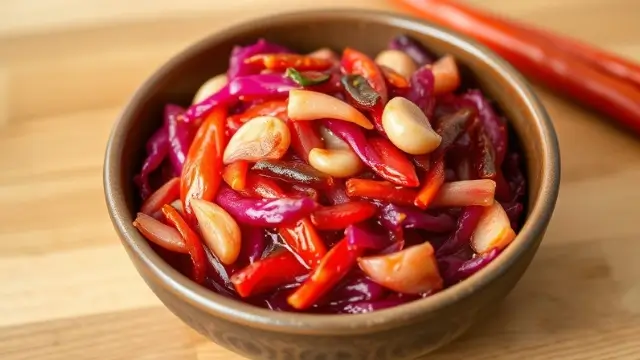 Un bol en céramique contenant du kimchi traditionnel coréen, riche en couleurs avec du chou fermenté et des épices.