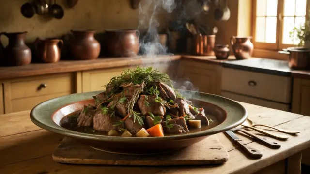 Délicieux boeuf bourguignon, un plat français traditionnel, mettant en valeur des saveurs riches et de la viande tendre, inspiré par la recette de grand-mère.