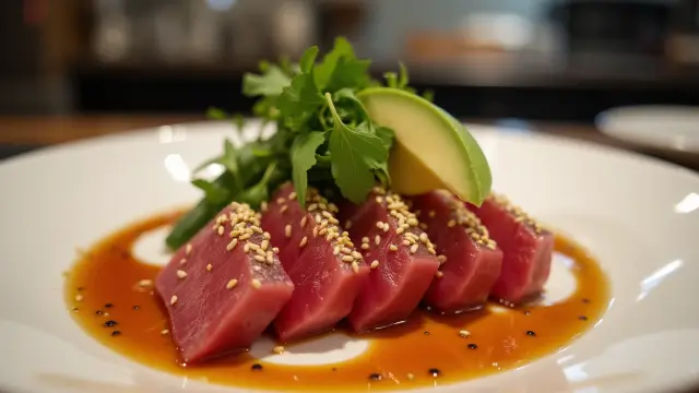 Plat de thon rouge mariné avec des graines de sésame, avocat, herbes fraîches et sauce soja, servi sur une assiette élégante.