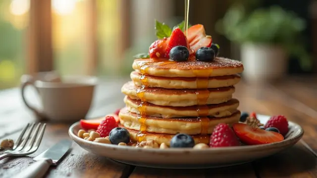 Une pile de pancakes healthy garnis de fruits frais et de miel, parfaits pour un petit-déjeuner équilibré.