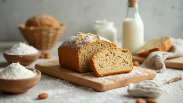 Pain sans gluten et sans lactose, fraîchement cuit, sur une planche en bois avec des ingrédients naturels en arrière-plan.