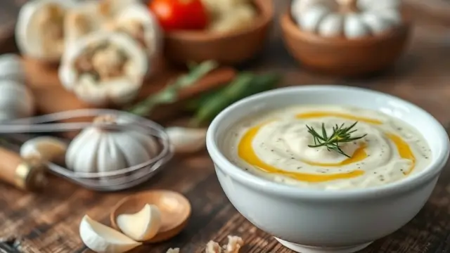 Bowl of homemade aïoli sauce with garlic and olive oil, ready to be served