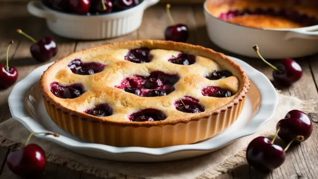 Clafoutis aux cerises fraîchement cuit refroidissant sur une table en bois rustique.