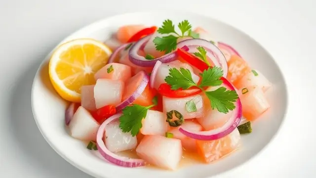 Ceviche recette avec poisson frais, agrumes et légumes frais, présenté élégamment dans une assiette moderne.