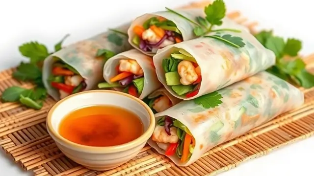 Rouleaux de printemps frais avec crevettes et légumes, accompagnés de sauce