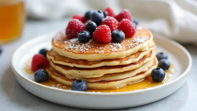 Recette de pancakes protéinés garnis de fruits frais et d'un filet de miel pour un petit-déjeuner sain et énergisant.