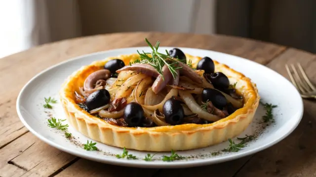 Une pizza française avec des oignons caramélisés, des anchois et des olives noires sur une croûte dorée, garnie d'herbes fraîches.