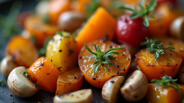 Légumes rôtis avec ail noir dans une recette savoureuse, mettant en valeur l'ail noir pour un goût sucré et umami.