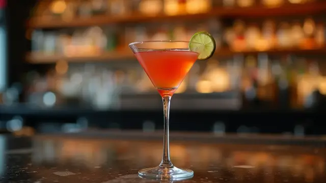 Un cosmopolitan cocktail parfaitement préparé dans un verre à martini avec une garniture de citron vert.