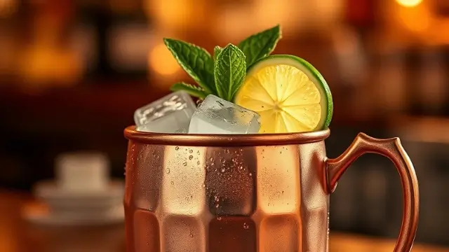 London Mule recette servie dans un mug en cuivre, garnie de glace, menthe et citron vert