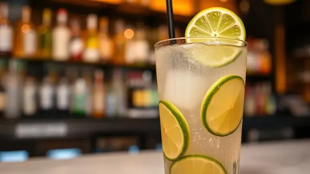 Recette caïpirinha dans un verre élégant avec cachaça, citron vert et glace pilée, prêt à être servi dans un bar.
