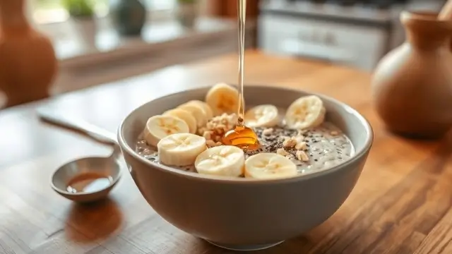 Porridge healthy avec banane, graines de chia et amandes pour un petit déjeuner équilibré.