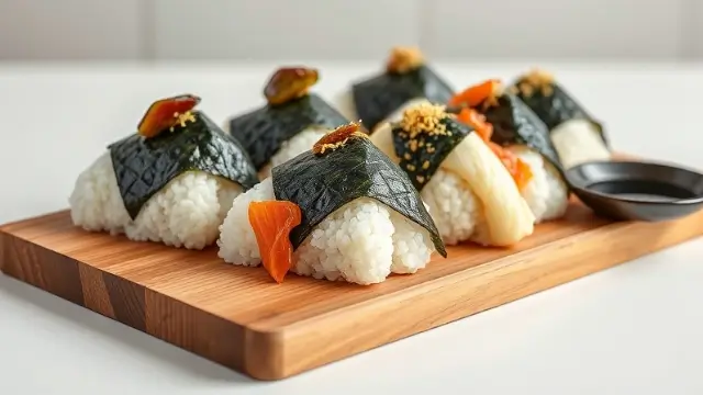 Boulettes de riz onigiri traditionnelles avec nori, garnies de prune umeboshi, saumon grillé et flocons de bonite