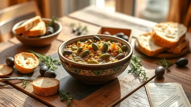 Un bol de tapenade traditionnelle à base d'olives, câpres et huile d'olive, accompagné de tranches de pain frais, sur une table en bois rustique avec des herbes méditerranéennes.
