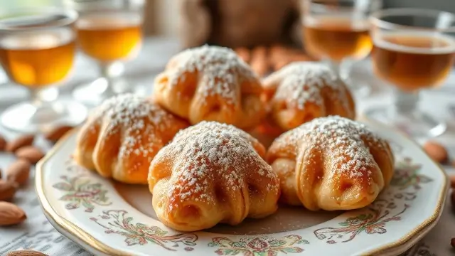 Corne de gazelle sur une assiette décorative, avec du sucre glace, entourée d'amandes, prête à être dégustée.